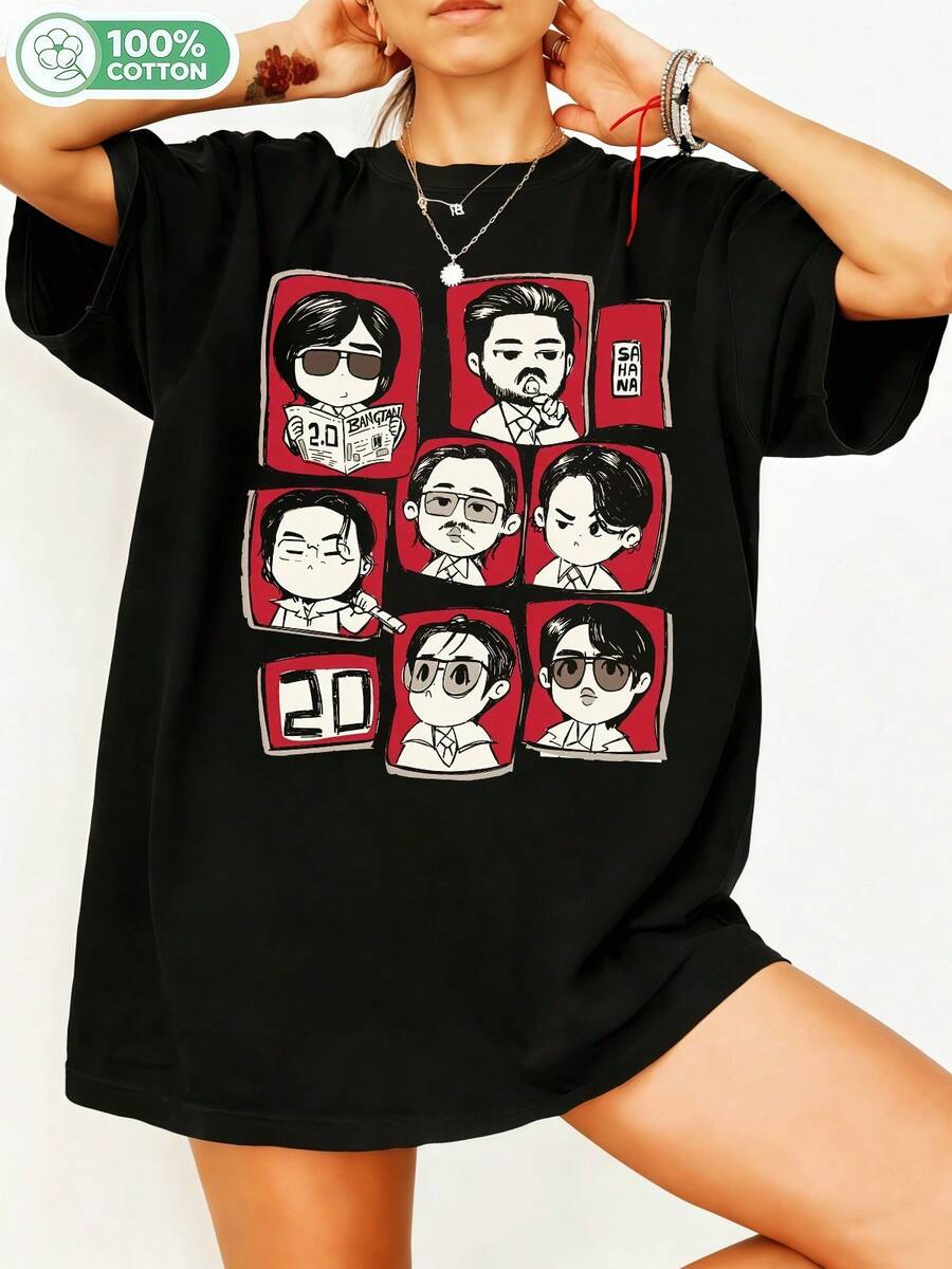 BTSSS Bangtann Boys Chibi Cartoon Member Retro Graphic T-Shirt, Minimalist Streetwear Casual Cotton T-Shirt For ARMY Fans. - 黑色 - 查看 1