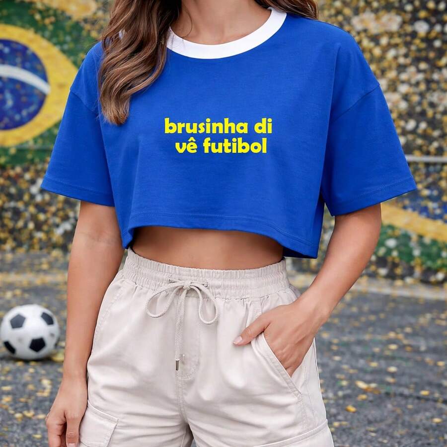 Women's Oversized Cropped Top For Brazil, Brazilian World Cup Fashion, Soccer T-Shirt, 100% Cotton - 藍色 - 查看 1