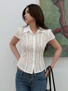 Blusa blanca de manga corta ajustada con cuello para mujer, de unicolor, para el verano - Blanco 4 - Ver 1