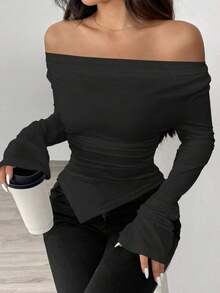 Women's Winter Sweater With A Plunging Neckline, Can Be Worn With An Asymmetrical Collar, Asymmetrical Hem, Knitted Top. - 黑色 - 查看 4