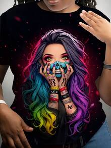 Camiseta de Mujer Plus Talla Negra con Diseño Gráfico de Tatuaje Atrevido - Estilo Urbano Colorido con Arte de Pintura Facial y Cabello Azul, Cuello Redondo Manga Corta para Festivales de Música y Ropa Casual, Lavable a Máquina, Camiseta de Declaración Audaz - Colores mezclados - Ver 3