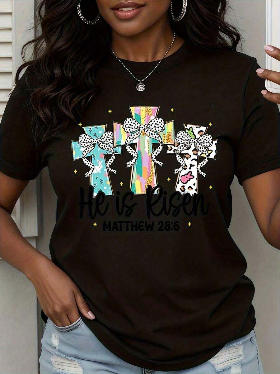 1 Piece Christian T-Shirt For Women With Bible Verse Matthew 28:6 "He Has Risen" And Easter Cross, Gift Of Faith For Spring, White, 180g, 100% Cotton - 黑色 - 查看 1