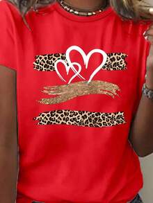 Cartoon Heart Print T-Shirt For Mother's Day, Casual Short Sleeve Round Neck Top For Summer And Spring, Women's Clothing - Red - View 5