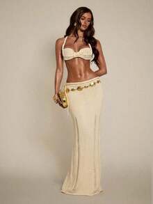 Conjunto sexy de top corto de punto con decoración de perlas falsas y minifalda de punto para mujer - Albaricoque - Ver 5