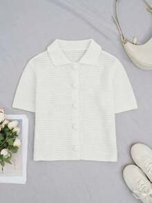 Cárdigan de punto de manga corta de unicolor casual para mujer, cárdigan con cuello alto y botones para primavera - Blanco - Ver 5