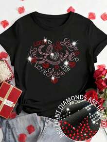 Women's Plus Size Casual Short Sleeve T-Shirt With Round Neck And Heart-Shaped Rhinestones For Valentine's Day - 黑色 - 查看 7