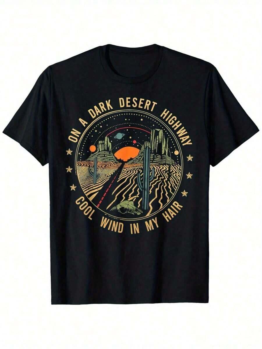 Casual Basic Retro Desert Road Style T-Shirt With The Phrase "The Wind Caresses My Hair," Casual Style, Crew Neck, Regular Fit, Short Sleeves, Suitable For All Seasons. Romwe T-Shirts - 黑色 - 查看 1