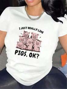 Women's 100% Cotton Graphic T-Shirt With An Adorable Black And White Pig Print. Lightweight, Durable, And Comfortable Pig Mascot Design. Ideal For Animal Lovers And A Fun Gift For Pig Enthusiasts. Vintage, Casual, And Urban Style. - 白色 - 查看 4