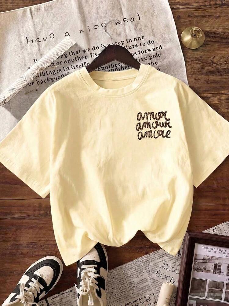 Women's "More Love" Leopard Print Short Sleeve T-Shirt, Ladies Autumn Clothing, White Back To School Summer Outfit. - Vàng nhạt - Xem 3