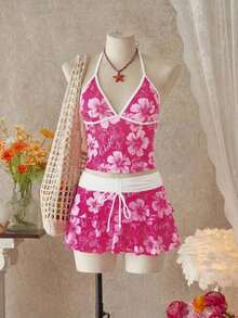 Women's 3-Piece Spring/Summer Outfit: Floral Print Skirt/Tunic, Color Block, Bow And Ruffles For Beach Music Festivals - 彩色 - 查看 12
