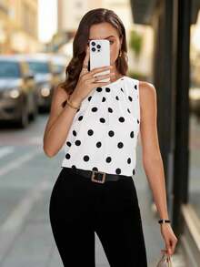 Blusa sin mangas con pliegues y estampado de lunares para mujer - Blanco y Negro - Ver 6