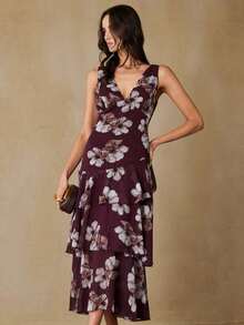 Aveloria Revavyn Vestido maxi elegante y grácil de mujer con escote en V profundo y sin mangas, de gasa ligera con estampado floral romántico, con cintura ceñida y dobladillo con volantes en capas, adecuado para citas, vacaciones, lujo y delicadeza - Multicolor - Ver 3