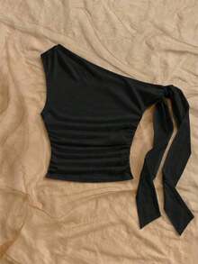 Blusa asimétrica de hombro con pliegues y estampado de lunares estilo Y2K para mujer - Negro - Ver 5