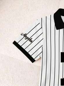 Blusa casual de mujer con cuello polo a rayas y manga corta - Blanco y Negro 3 - Ver 3