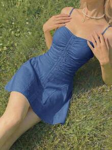 Vestido camisero corto con decoración de botones para mujer, amarillo pálido - Niebla azul - Ver 6