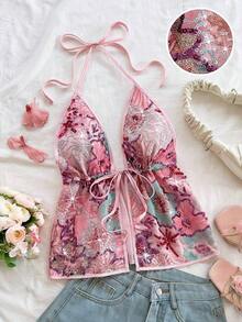 Top sin espalda con estampado de leopardo, cuello de atar y diseño casual para mujer - Rosa - Ver 9