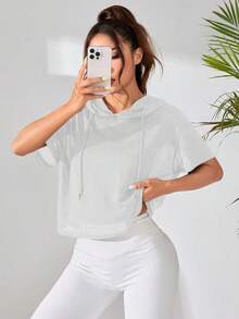 Sudadera deportiva con capucha, holgada, con hombro caído, manga corta y perspectiva suelta de unicolor para mujeres - Blanco - Ver 1
