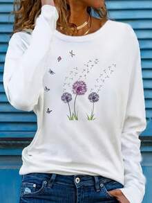 Long-Sleeved T-Shirt With Round Neck, Butterfly And Dandelion Print, Slightly Loose Fit, Essential For Casual Holidays, Machine Washable But Not Dry Cleanable, Fabric Suitable For All Seasons - [Putih] - View 6