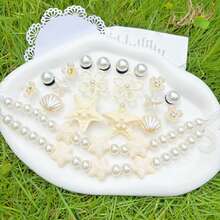 20pcs White Ocean Series Shoe Charms, Shell, Starfish, Bow DIY Accessories, Charm Set For Perforated Slippers - White Starfish Long Chain - View 7