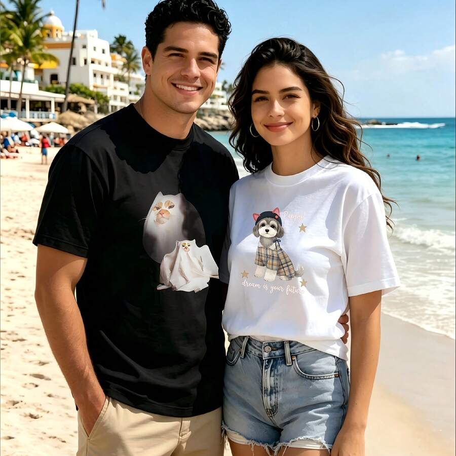 2-Piece Couple Matching Pattern T-Shirt, 100% Cotton, Loose Fit, Soft And Breathable, Casual Round Neck Short Sleeved Top Cat With Ghost Puppy With Plaid Coat Versatile Patterns No Picky Combinations Coordinated Dating Casual Travel Simple And Cartoonish Printing Styles High Cost-Effectiveness - 黑色 - 查看 1