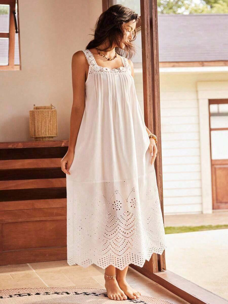 Camisón largo y holgado de estilo bohemio con bordado de ojales para mujeres - Blanco - Ver 1