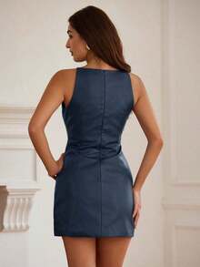 Aveloria Revavyn Vestido mini de mujer con cuello halter de piel sintética sexy, adecuado para el Día de San Valentín, fiestas de primavera y citas - Niebla azul - Ver 2