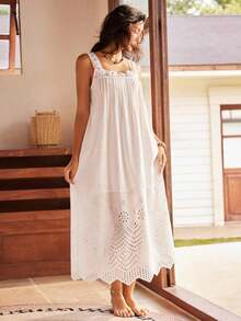 Camisón largo y holgado de estilo bohemio con bordado de ojales para mujeres - Blanco - Ver 8