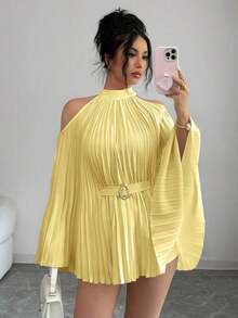 Elenzya Elegante camisa/blusa de mujer con mangas acampanadas y cintura ceñida para vacaciones - Amarillo - Ver 3
