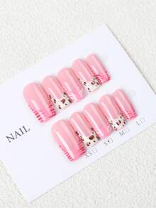 10 piezas de pegatinas de uñas brillantes, uñas postizas acrílicas cuadradas medianas, base rosa nude con estampado de leopardo y rayas de cebra rosa, estilo dulce Y2K, forma de mano favorecedora, adecuado para uso diario y fiestas, mejor vendedor de manicura francesa con estampado de leopardo - Rosa - Ver 4