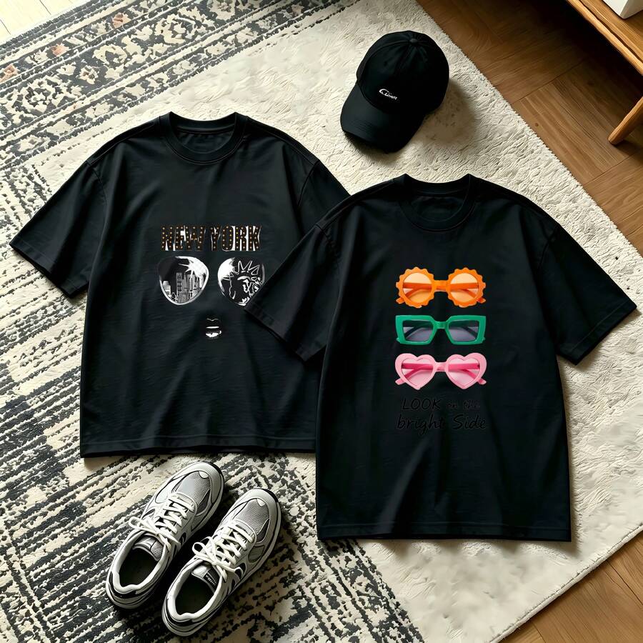 2-Piece Couple Matching Pattern T-Shirt, 100% Cotton, Loose Fit, Soft And Breathable, Casual Round Neck Short Sleeved Top Wild West Cow With Hat And Horse With Flowers Versatile Patterns No Picky Combinations Coordinated Dating Casual Travel Simple And Cartoonish Printing Styles High - 黑色 - 查看 1