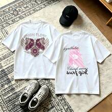 2-Piece Couple Matching Pattern T-Shirt, 100% Cotton, Loose Fit, Soft And Breathable, Casual Round Neck Short Sleeved Top Dog Wearing Hat And Glasses Dog With Sunglasses And Tongue Versatile Patterns No Picky Combinations Coordinated Dating Casual Travel Simple And Cartoonish Printing Styles High - 白色 - 查看 1