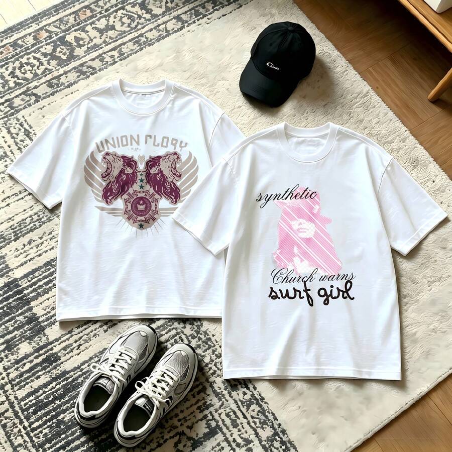 2-Piece Couple Matching Pattern T-Shirt, 100% Cotton, Loose Fit, Soft And Breathable, Casual Round Neck Short Sleeved Top Dog Wearing Hat And Glasses Dog With Sunglasses And Tongue Versatile Patterns No Picky Combinations Coordinated Dating Casual Travel Simple And Cartoonish Printing Styles High - 白色 - 查看 1