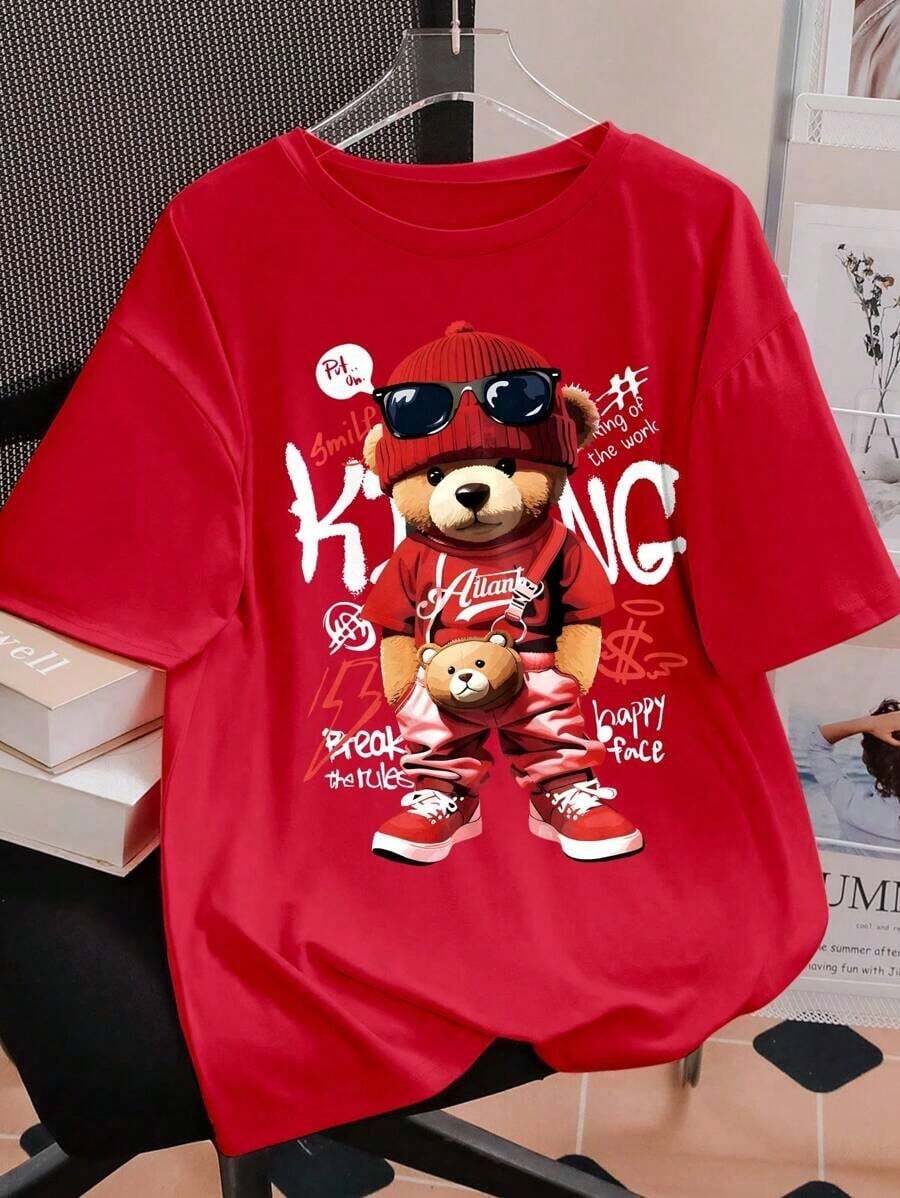 New Cartoon Bear Print T-Shirt, Women's, Crew Neck, Casual And Loose Fit, Fashionable, Suitable For Daily Wear In Spring/Summer - Vintage Street Style Unisex Bear Cotton Short Sleeve Crew Neck T-Shirt - 紅色的 - 查看 1