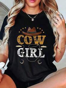 ComfortableTalla grande, camiseta de mujer de talla grande con estampado gráfico de vaca, manga corta y cuello redondo, top casual para verano y primavera, ropa de mujerLoose Versatile Short Sleeve T-shirt for Women - Negro - Ver 11