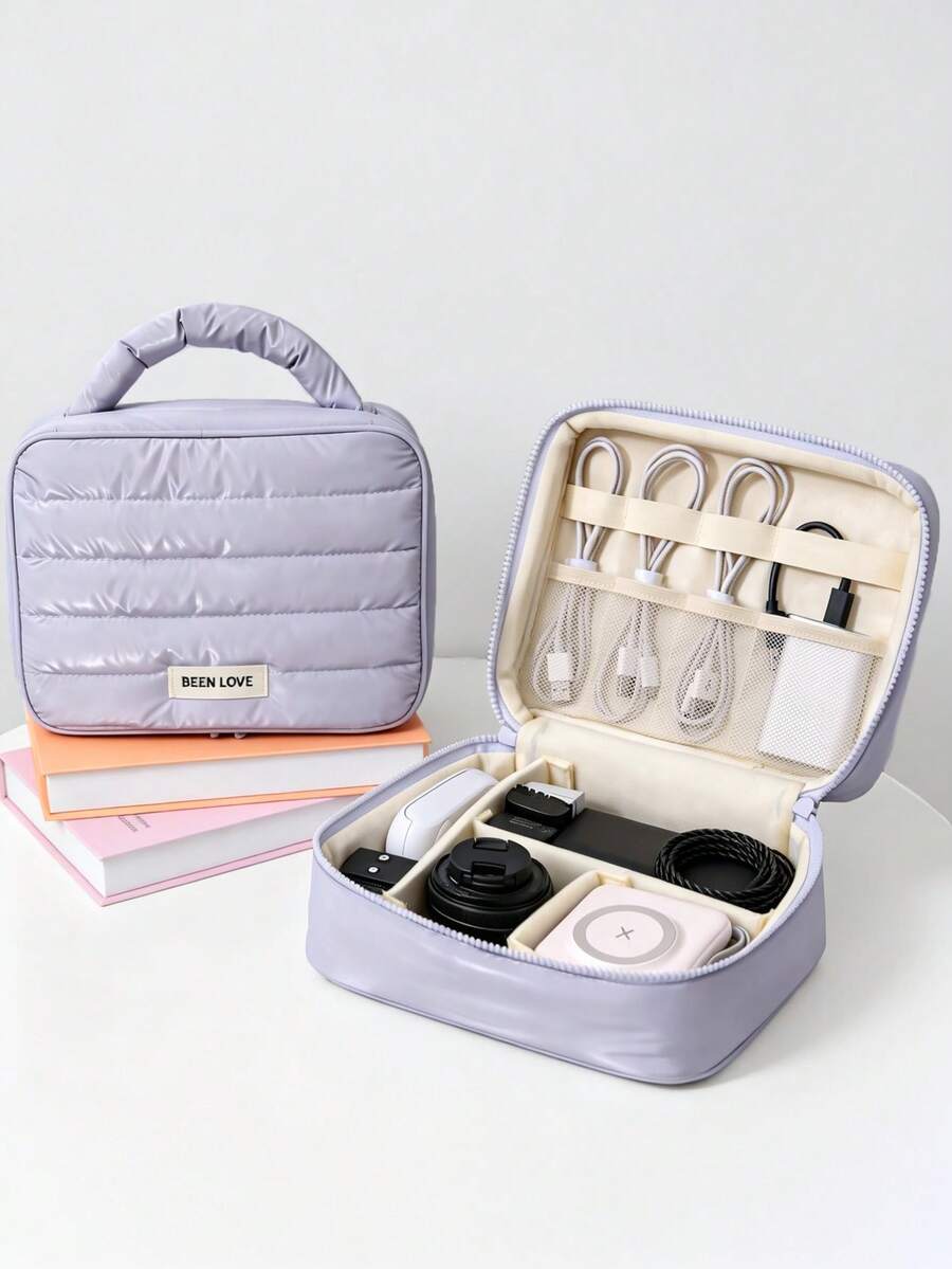 1pc Y2K Style Glossy Rhombus Pattern Digital Organizer Bag, Large Capacity Multi-Functional, Customizable Inner Compartments. Electronic Accessories Travel Storage Pouch, Multi-Layer Zipper Pockets For Cables, Hard Drives, Power Banks, Suitable For Business Travel - Multicolor - View 1