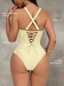 Traje de baño de una pieza con control de abdomen y push-up, con parches de color marrón, cordón de ajuste elegante y sexy, para fiestas y piscina - Beis - Ver 2