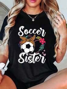 Camiseta con estampado de lazo de leopardo y motivo de fútbol, tela cómoda y transpirable. Estilo casual para aficionadas, regalo perfecto para amigas - Negro - Ver 2