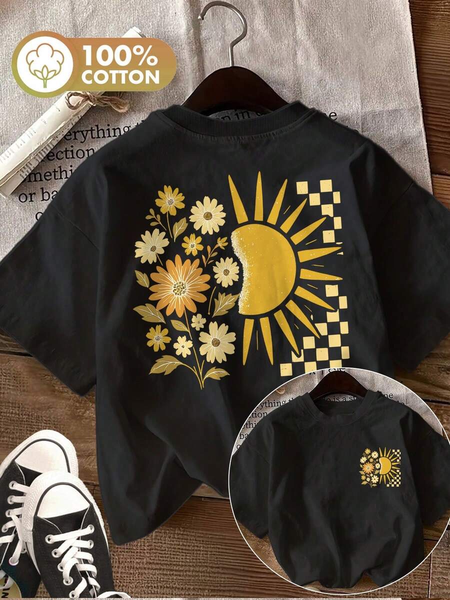 [Double-Sided Print] Women's Casual Spring And Summer Top, Vintage Style, Sun And Flower Print, Round Neck, Pure Cotton Short-Sleeve T-Shirt - Unisex Vintage Style Loose Cotton Short-Sleeve T-Shirt, Blouses For Women. Casual Blouses For Ladies. - 黑色 - 查看 1