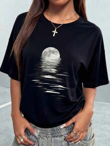 Camiseta de manga corta con cuello redondo y estampado de eslogan, estilo casual de verano para mujer, ropa de moda para el día a día y vacaciones, adecuada para uso diario y vacaciones, blanca, transpirable y cómoda. - Negro - Ver 4