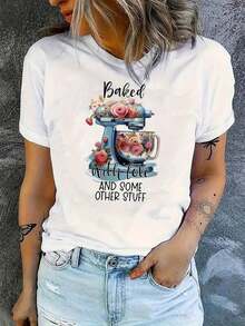 Women's Short-Sleeved T-Shirt With A Creative Floral Design, Casual And Sporty Style, Comfortable For Summer And Vacations. Standard Casual T-Shirt For Women, Breathable And Lightweight. - 白色 - 查看 7