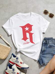 Women's Summer Casual Soft Round Neck Short Sleeve T-Shirt,The Star Letter R Print Graphic Is Suitable For Daily Wear In Spring And Summer.White - White - View 5