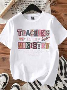 La enseñanza es mi ministerio Camiseta con diseño floral y texto en patchwork colorido con versículo bíblico para maestros y educadores, 220gblusas para mujer - Blanco - Ver 4