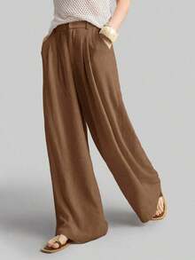 Ontre 2026SS New Women's Wide Leg Trousers, Casual Loose Pants With Pleated Waist, Suitable For Bohemian Style, Ibiza, Holidays, Festivals, Wedding Guests, Office, Teachers, Back To School, With Pockets, Relaxed Fit, Stylish Urban Chic Style, Versatile Women's Trousers For Spring/Summer - 棕色 - 查看 3