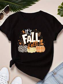 Camisetas deportivas de manga corta para mujer con estampado de calabazas de otoño. - Negro - Ver 1