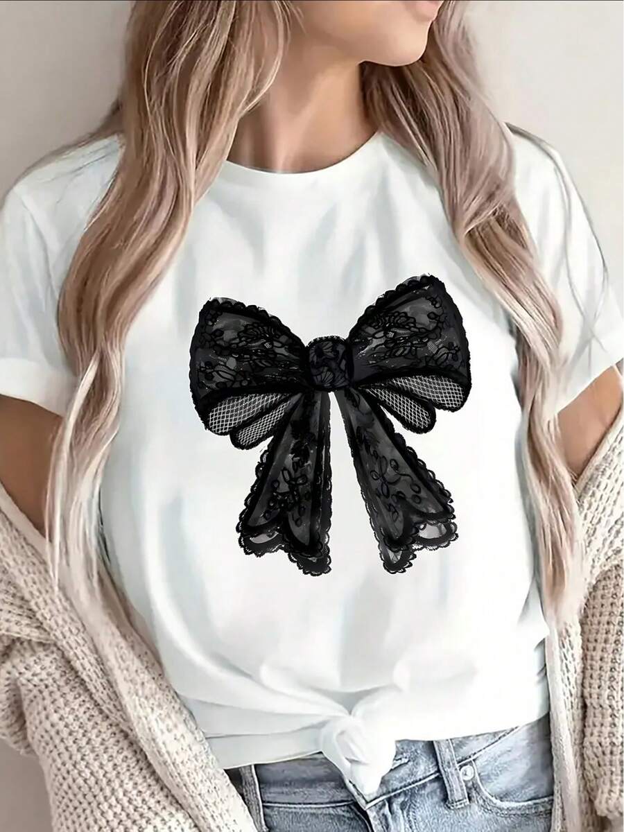 Pure Cotton Short-Sleeved T-Shirt With Lace-Up Design, Lightweight And Durable, Suitable For Casual Wear At Restaurants Or At Home. Soft And Comfortable Fabric, A Fashionable Everyday Top For Women. BV0J - 白色 - 查看 1