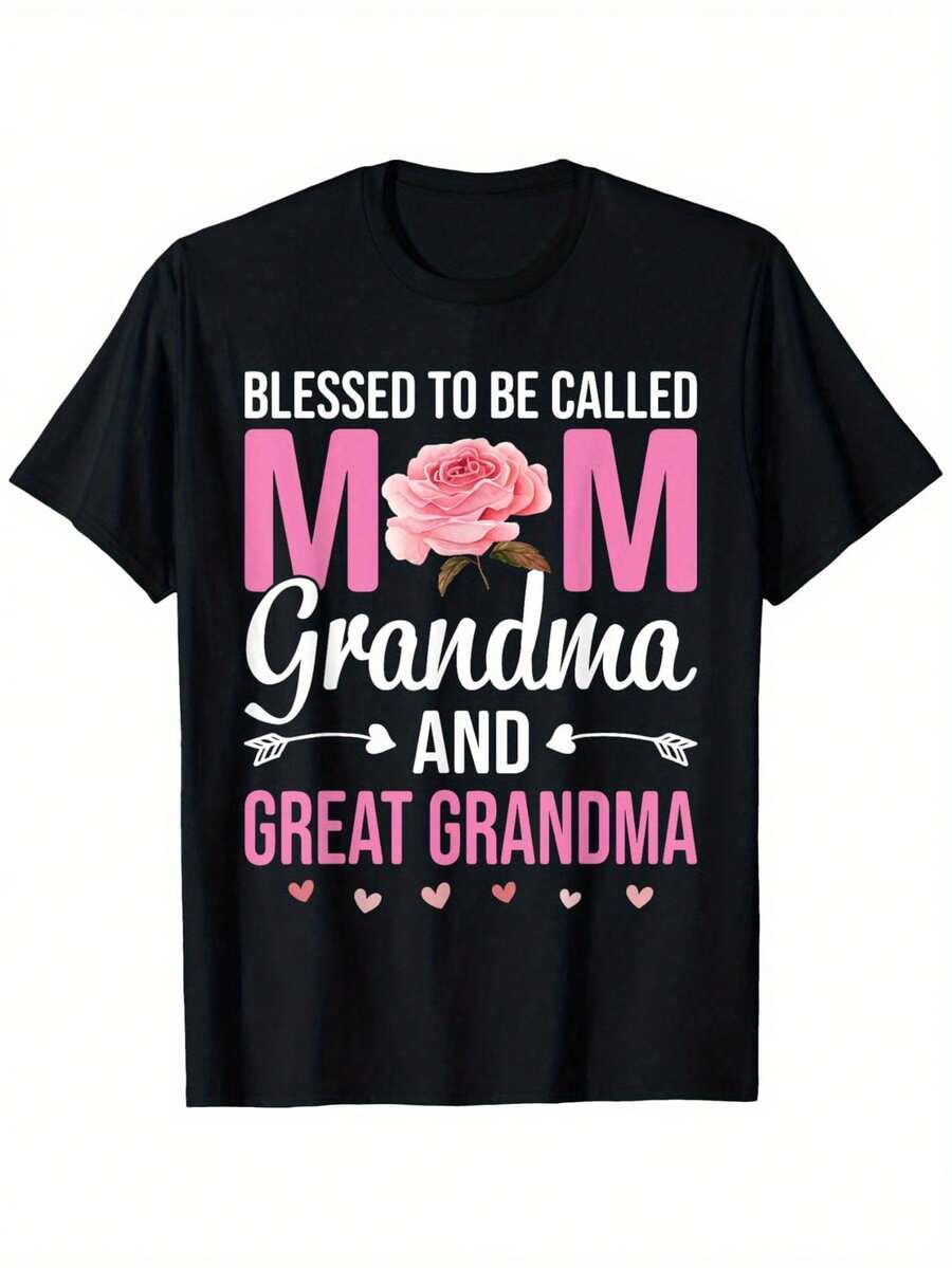 "Blessed To Be A Mom, Grandma, Great-Grandma" T-Shirt - Casual Cotton Crew Neck, Super Soft And Breathable For Summer - Perfect Gift For Easter, St. Patrick's Day, Valentine's Day And Mother's Day For Dad, Mom And Grandparents - 黑色 - 查看 1