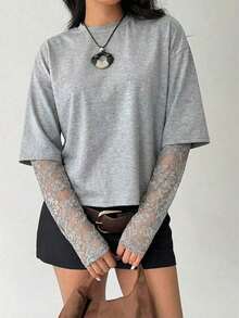Women's Solid Color T-Shirt With Minimalist Lace Sleeves For Everyday Wear - 淺灰色 - 查看 1