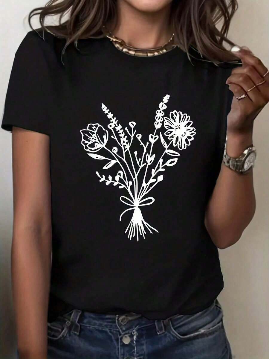 Comfortable Lightweight T-Shirts With Graphic Prints DIY Women's Fashion, Tops, T-Shirts, Shirts 100% Cotton, Popular Choice Loose Versatile Short Sleeve T-Shirt For Women - 黑色 - 查看 1