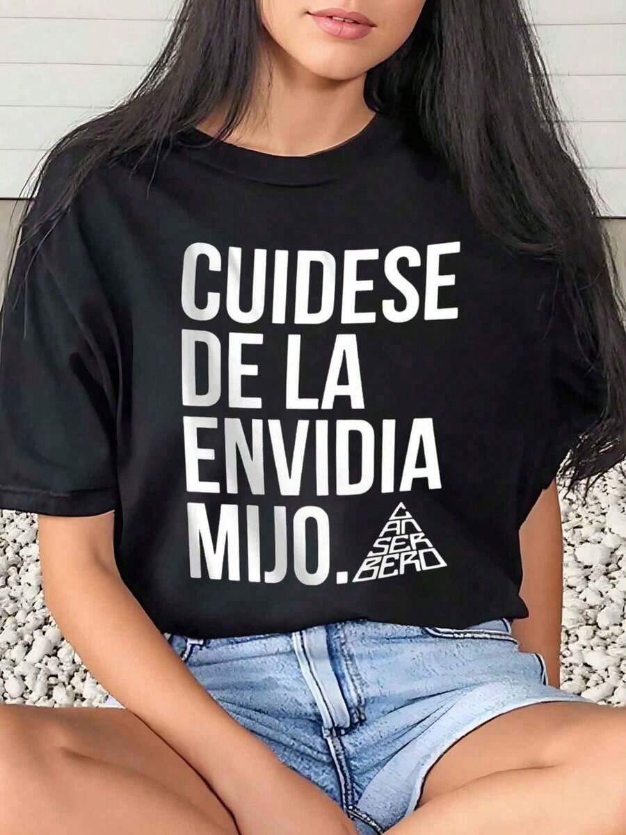 1 Piece Of Women's T-Shirt With Graphic Print "Beware Of Envy, My Boy", For Carnival Or Daily Use, Round Neck, Short Sleeve, Soft And Comfortable, 220g/180g, 100% Cotton. - 黑色 - 查看 1