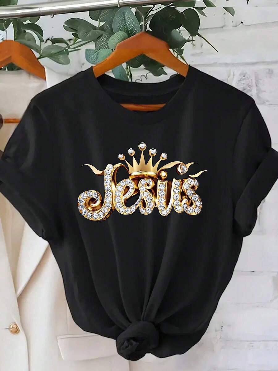 1 Women's Letter Print T-Shirt, Round Neck And Short Sleeve, Casual And Comfortable For Everyday Wear, Modern Print And Comfortable Round Neck, Your Perfect Choice For Summer - 黑色 - 查看 1